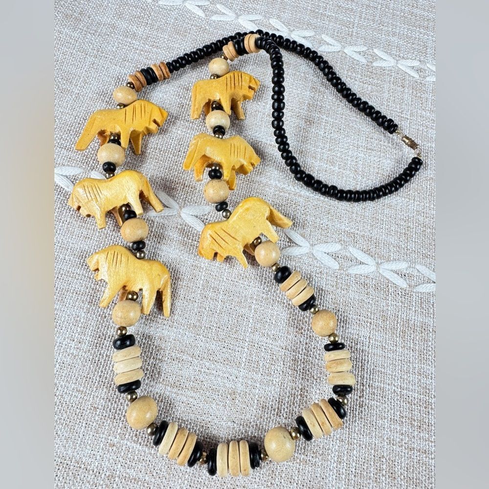 Vintage Wood Carved Elephants Black Wood Bead Necklace